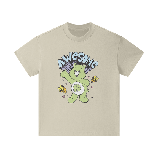 Beige t-shirt with a cartoon bear and 'Awesome' text on a white background