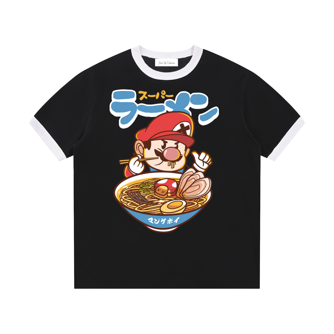 Black t-shirt with a cartoon character eating ramen and Japanese text on a white background