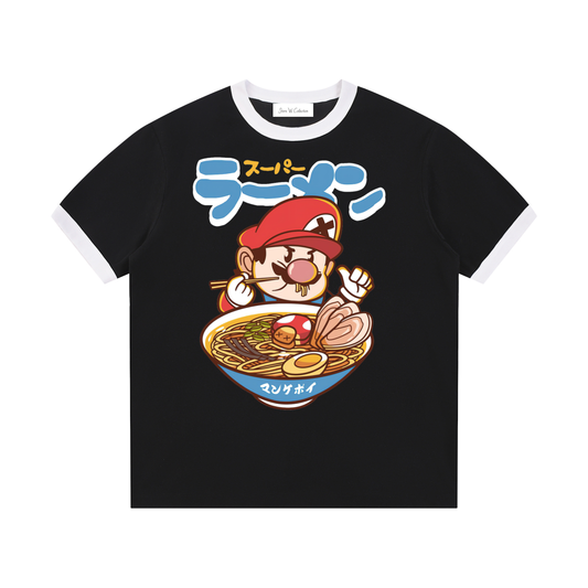 Black t-shirt with a cartoon character eating ramen and Japanese text on a white background