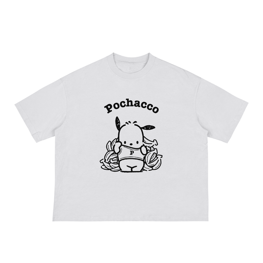 White t-shirt with black graphic of a cartoon character and 'Pochacco' text on a white background