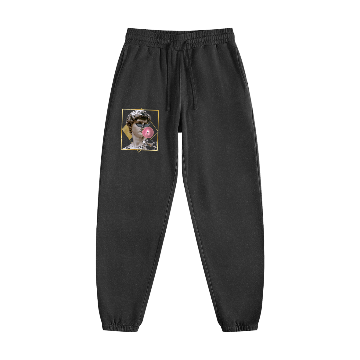Black sweatpants with a graphic of a dog blowing a bubble gum bubble on a white background