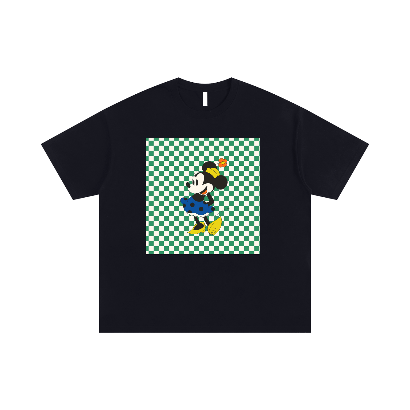 Black t-shirt with a graphic of a character on a green and white checkered background