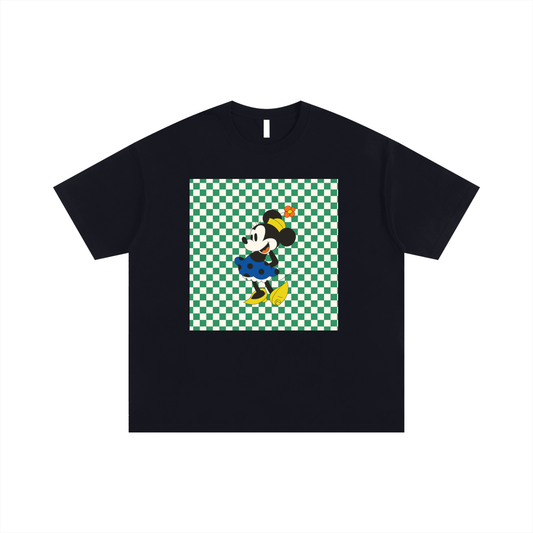 Black t-shirt with a graphic of a character on a green and white checkered background