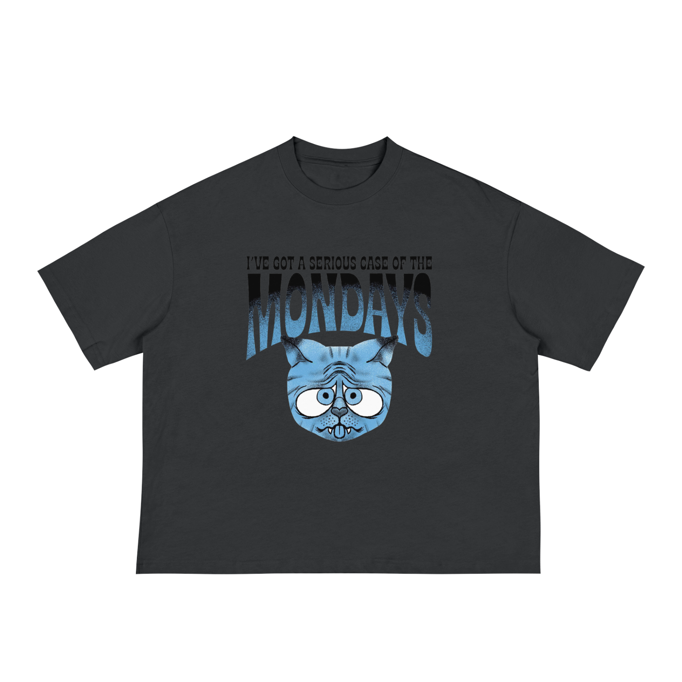Black t-shirt with blue cat graphic and text on a white background