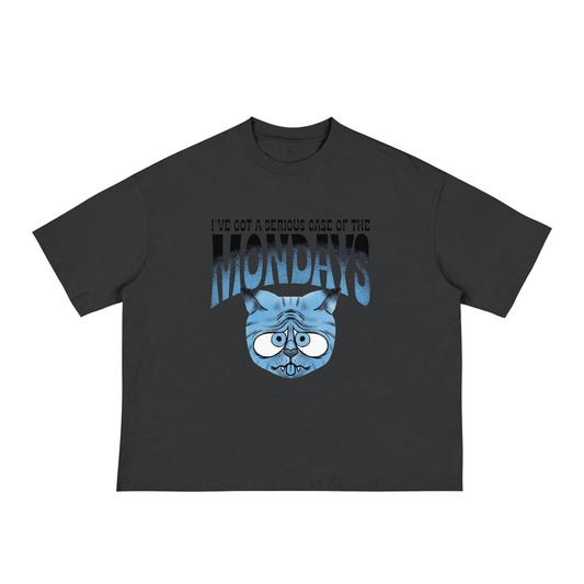 Black t-shirt with blue cat graphic and text on a white background
