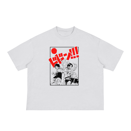 White t-shirt with black and red graphic design on a white background