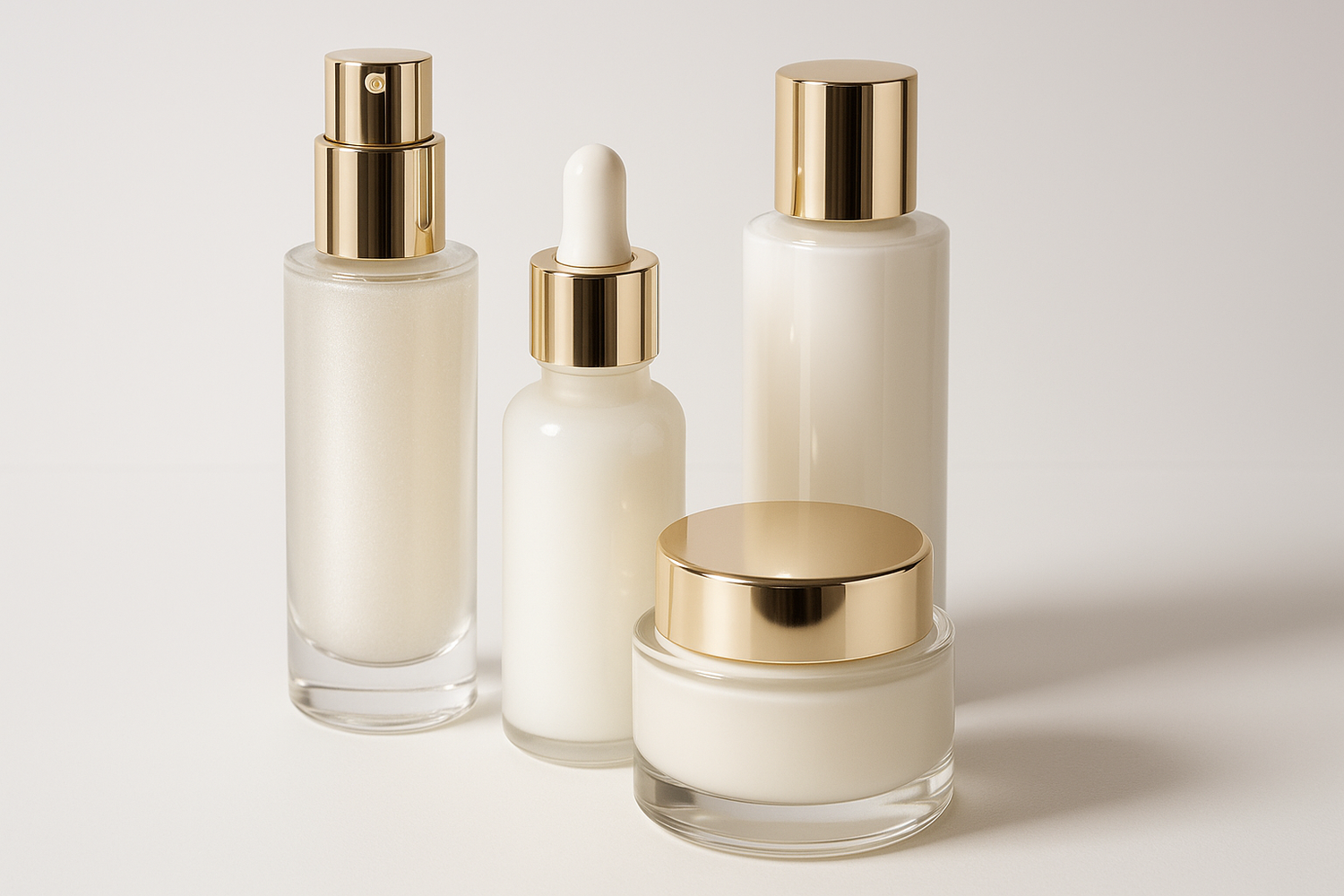 Professional beauty product photography showing elegant skincare bottles and containers for a premium skinline, clean white background, soft lighting, luxury cosmetics arrangement